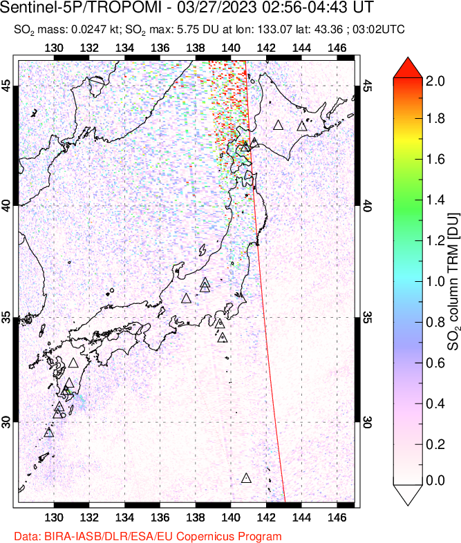 A sulfur dioxide image over Japan on Mar 27, 2023.