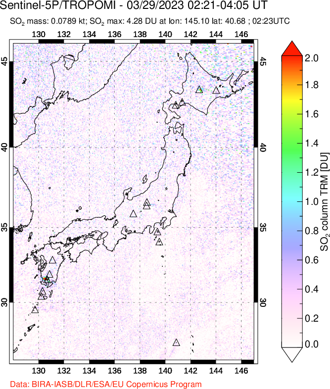 A sulfur dioxide image over Japan on Mar 29, 2023.