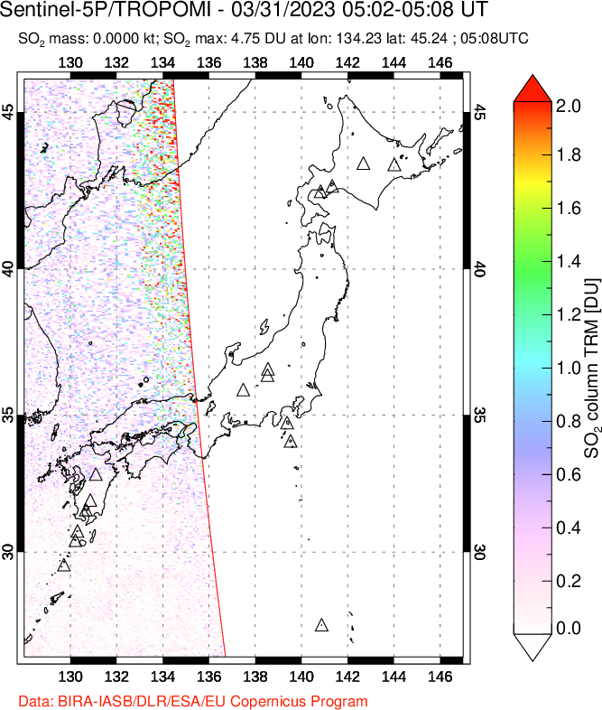 A sulfur dioxide image over Japan on Mar 31, 2023.