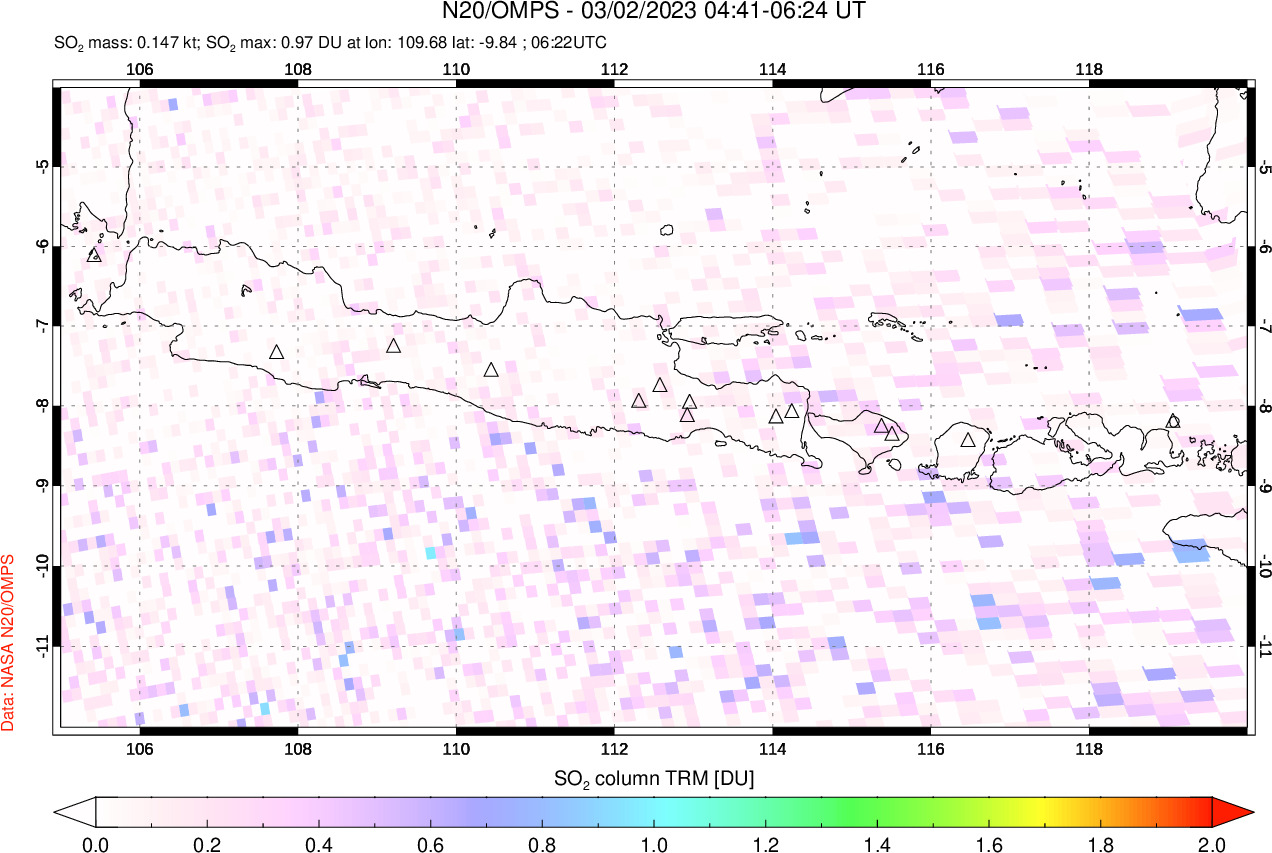 A sulfur dioxide image over Java, Indonesia on Mar 02, 2023.