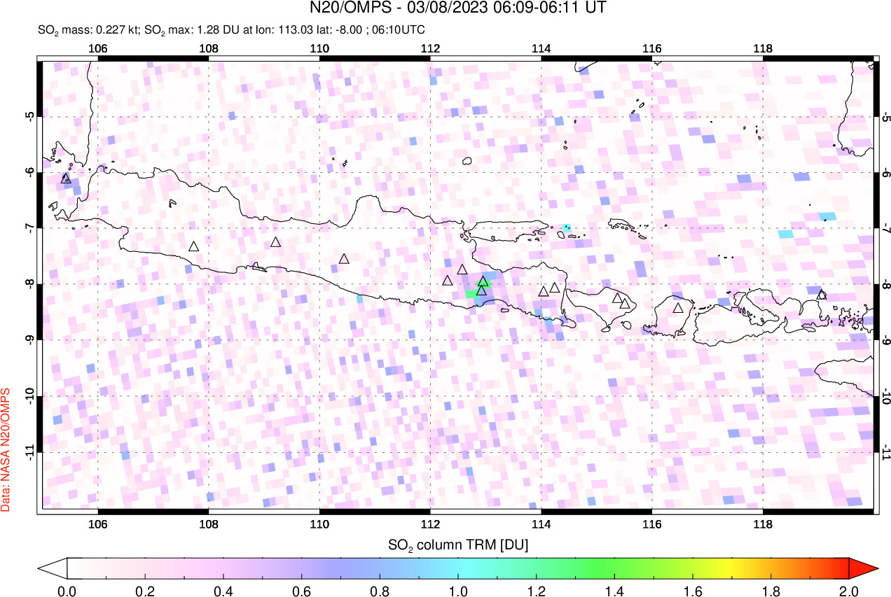 A sulfur dioxide image over Java, Indonesia on Mar 08, 2023.