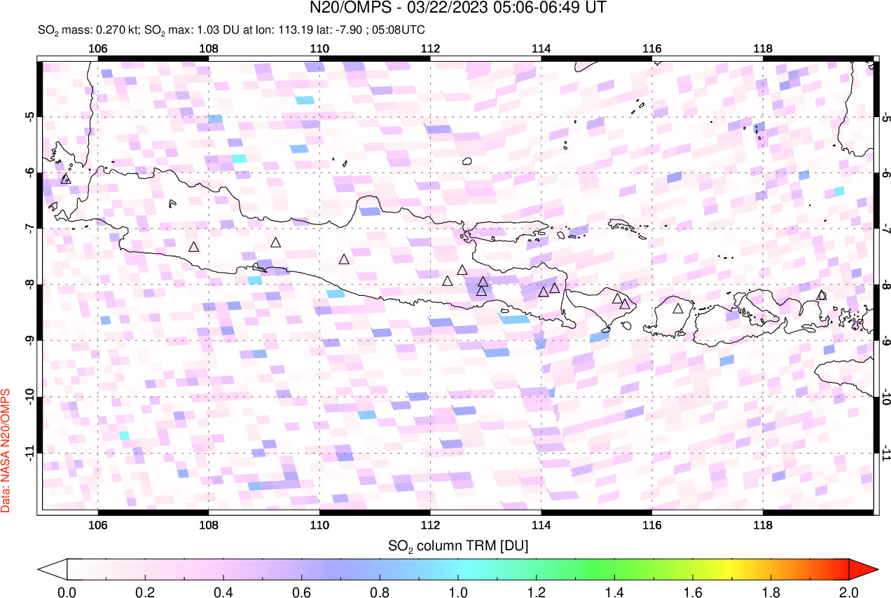 A sulfur dioxide image over Java, Indonesia on Mar 22, 2023.