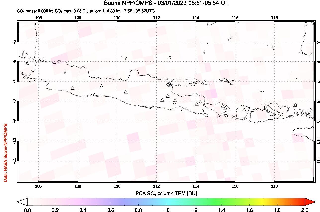A sulfur dioxide image over Java, Indonesia on Mar 01, 2023.