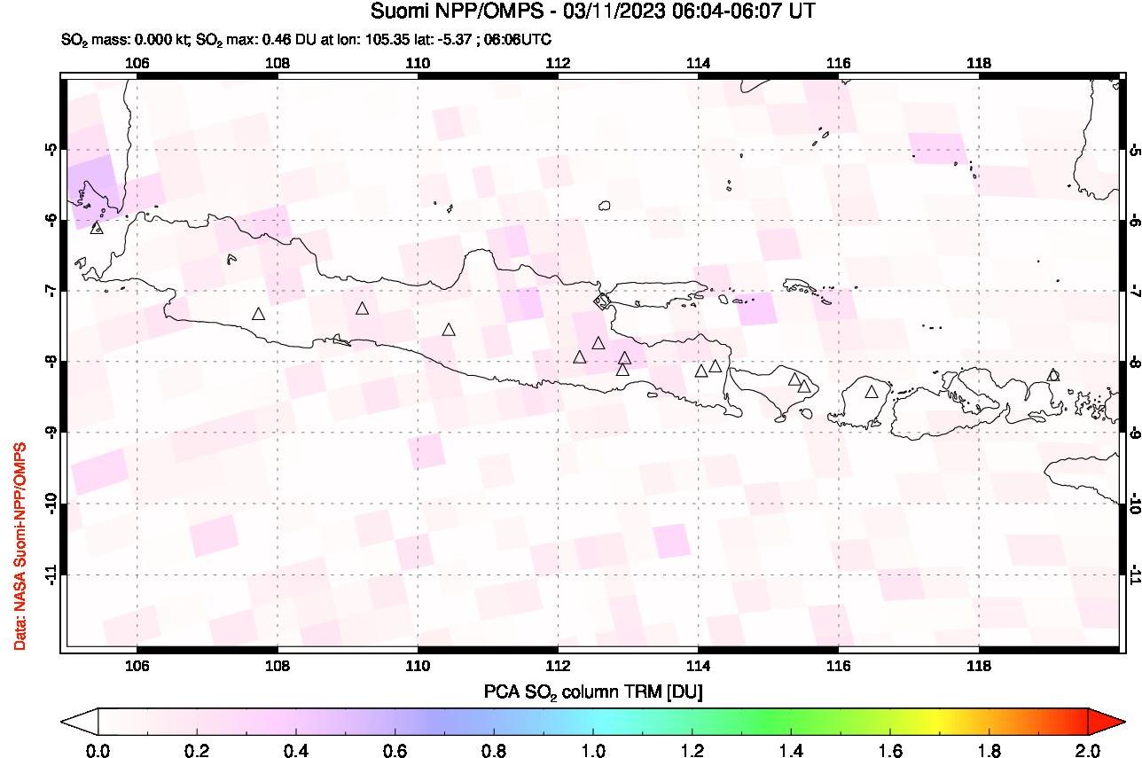 A sulfur dioxide image over Java, Indonesia on Mar 11, 2023.