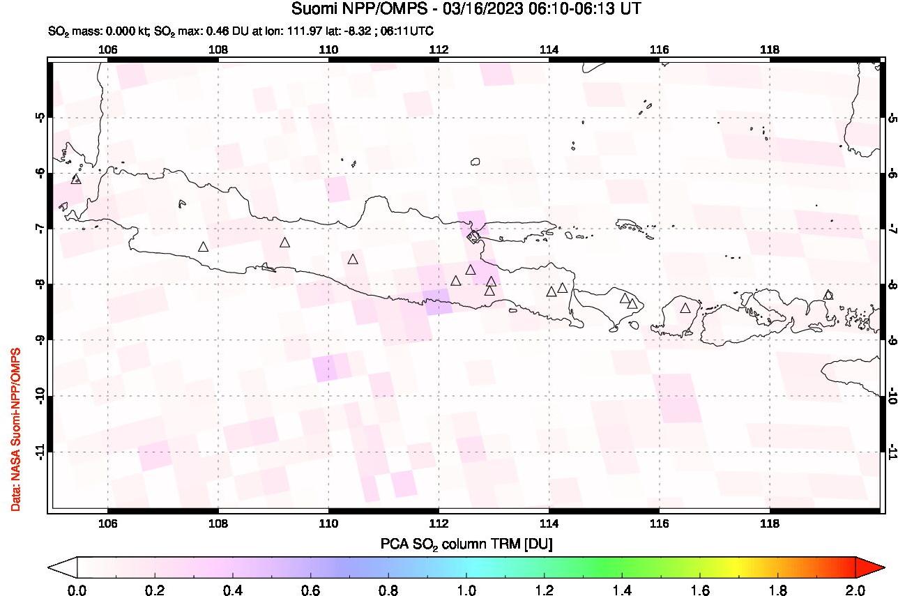 A sulfur dioxide image over Java, Indonesia on Mar 16, 2023.