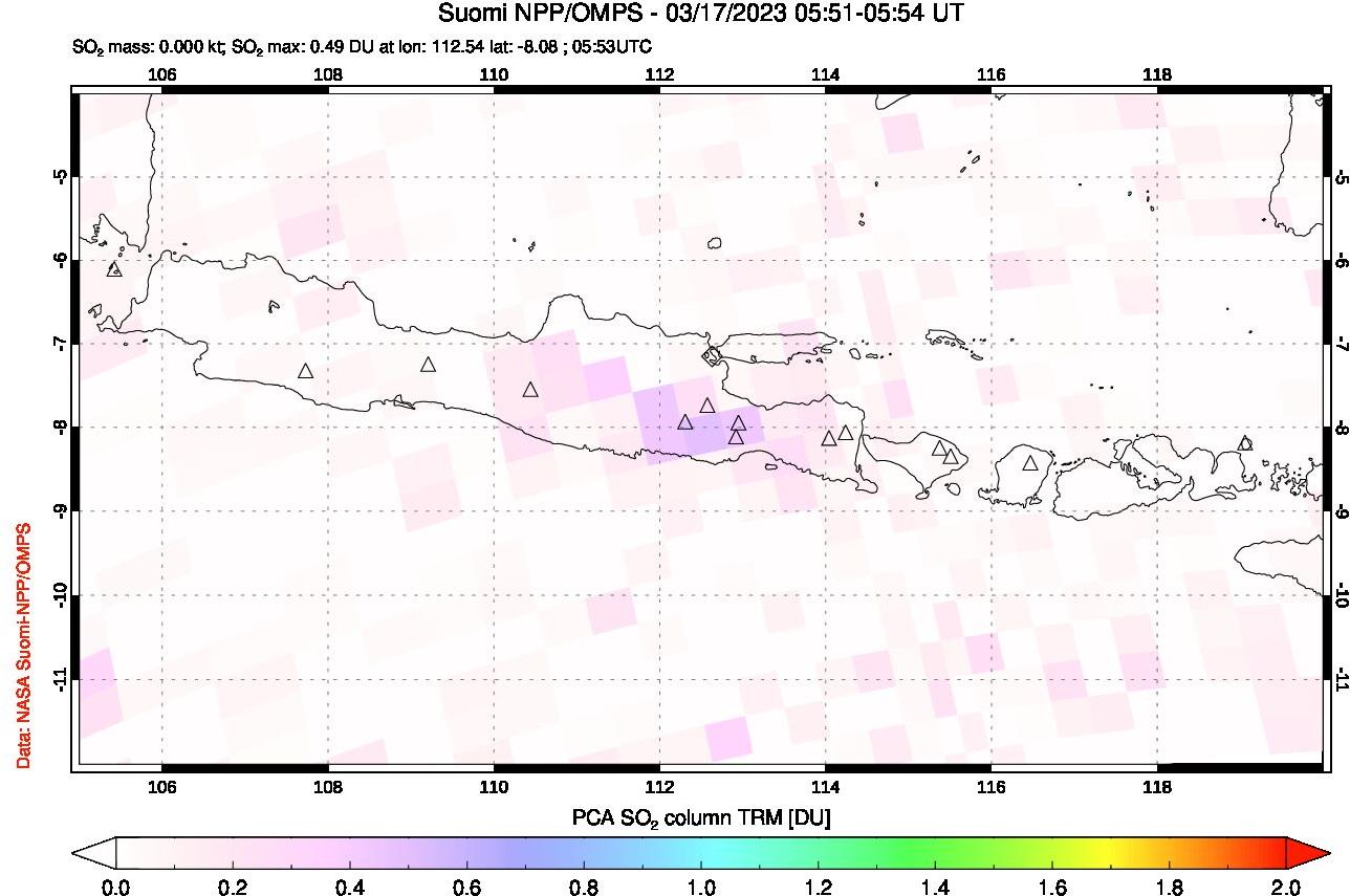 A sulfur dioxide image over Java, Indonesia on Mar 17, 2023.