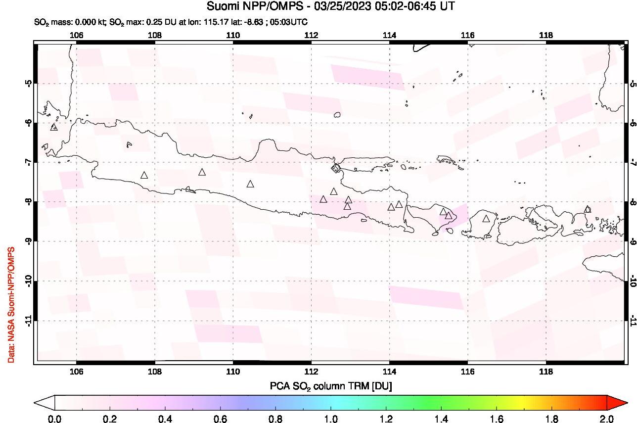 A sulfur dioxide image over Java, Indonesia on Mar 25, 2023.