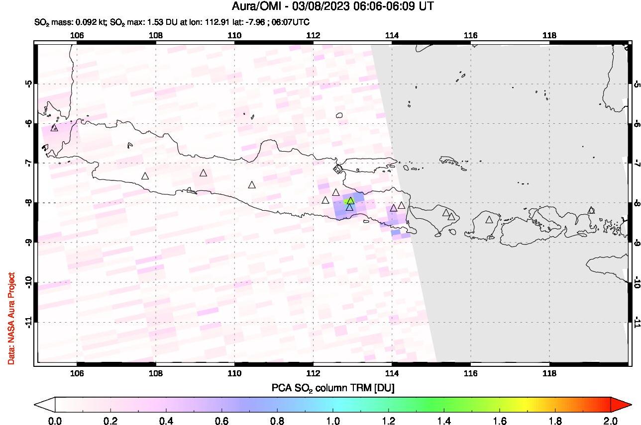 A sulfur dioxide image over Java, Indonesia on Mar 08, 2023.