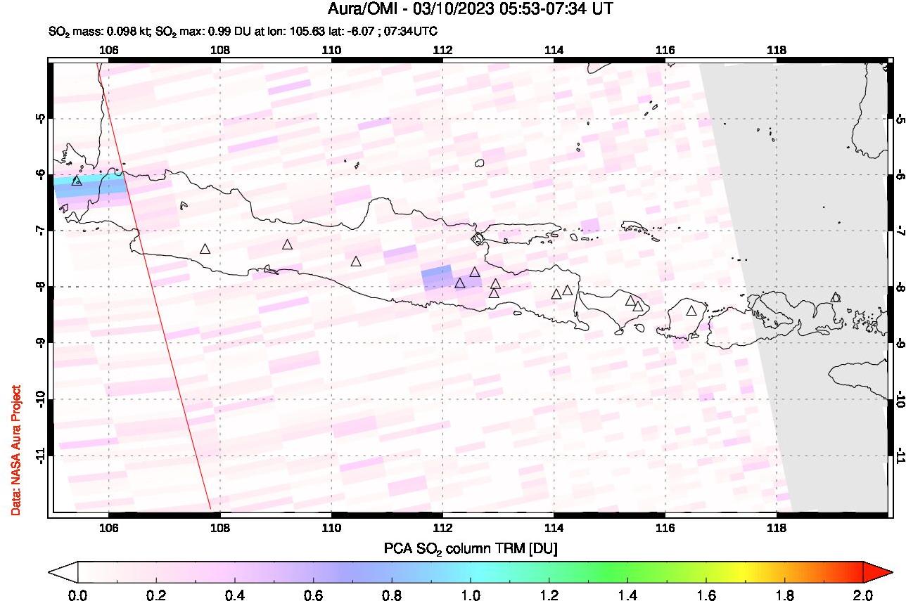 A sulfur dioxide image over Java, Indonesia on Mar 10, 2023.