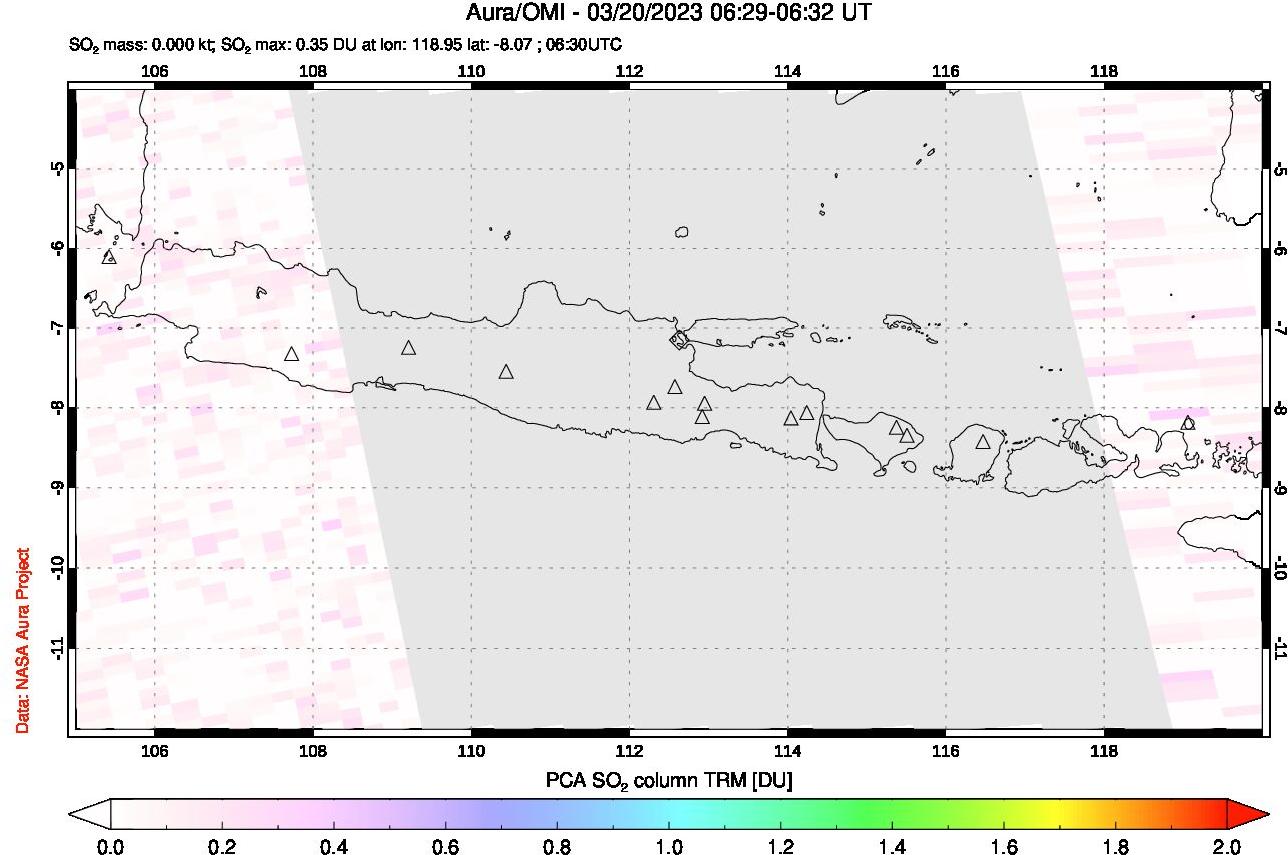 A sulfur dioxide image over Java, Indonesia on Mar 20, 2023.