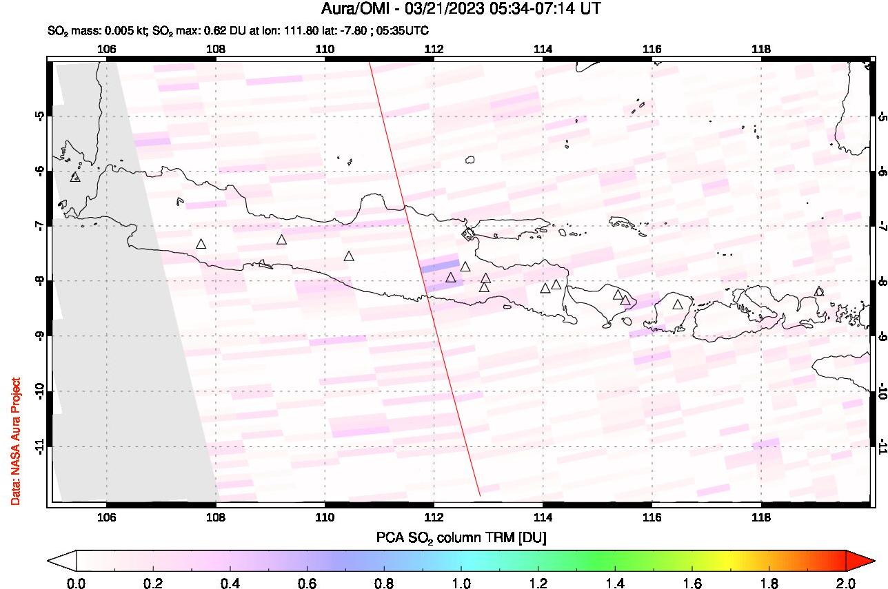 A sulfur dioxide image over Java, Indonesia on Mar 21, 2023.