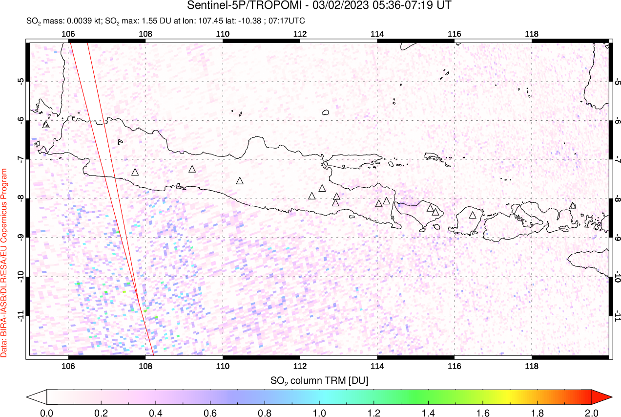 A sulfur dioxide image over Java, Indonesia on Mar 02, 2023.