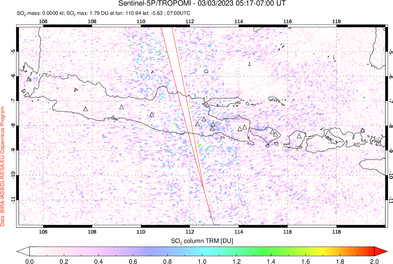 A sulfur dioxide image over Java, Indonesia on Mar 03, 2023.
