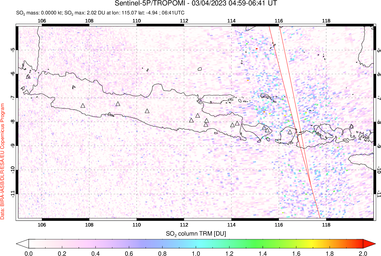 A sulfur dioxide image over Java, Indonesia on Mar 04, 2023.