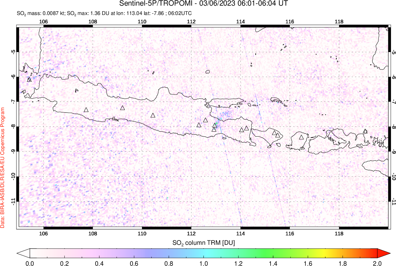 A sulfur dioxide image over Java, Indonesia on Mar 06, 2023.