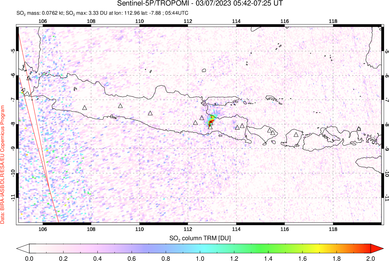 A sulfur dioxide image over Java, Indonesia on Mar 07, 2023.