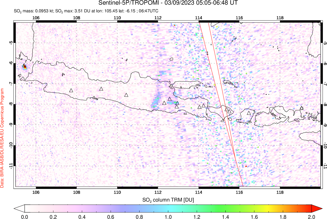 A sulfur dioxide image over Java, Indonesia on Mar 09, 2023.