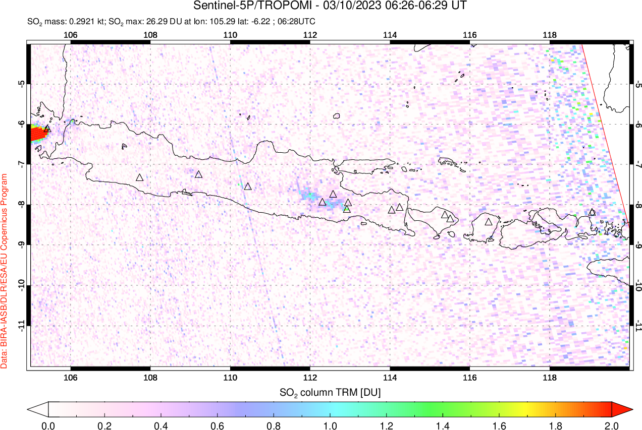 A sulfur dioxide image over Java, Indonesia on Mar 10, 2023.