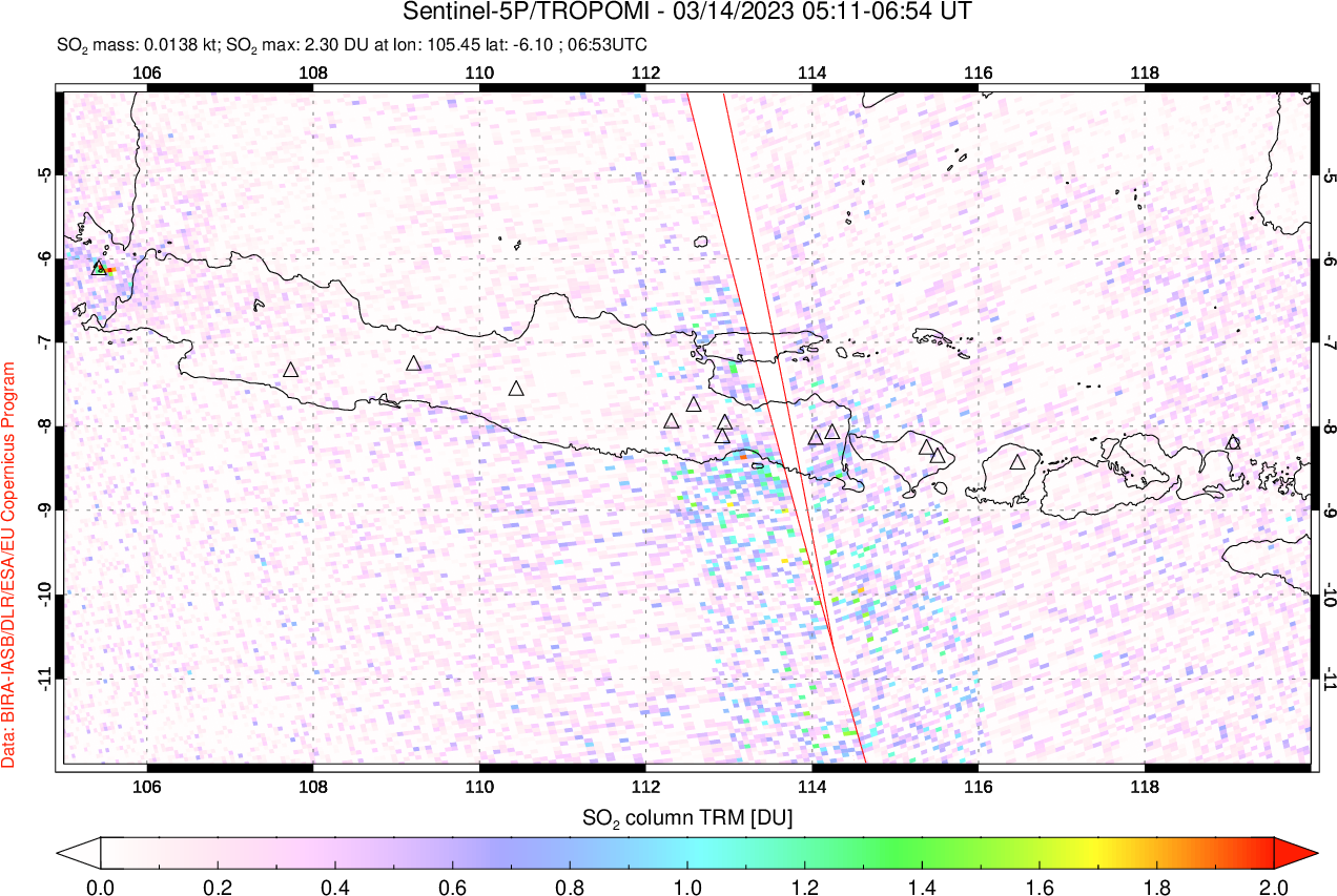 A sulfur dioxide image over Java, Indonesia on Mar 14, 2023.