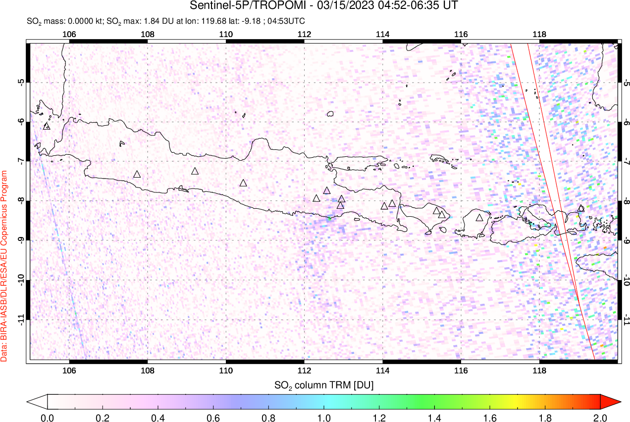 A sulfur dioxide image over Java, Indonesia on Mar 15, 2023.