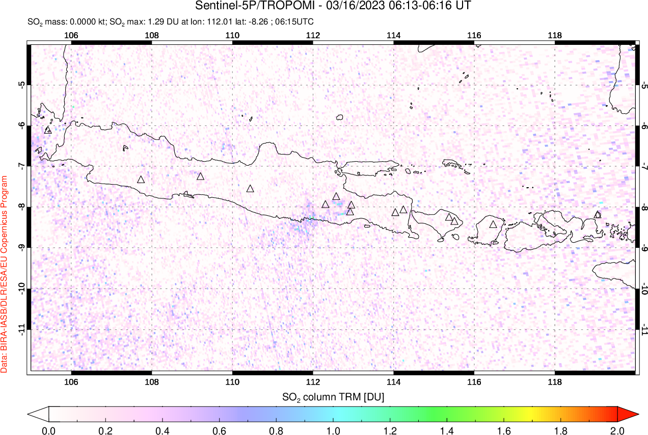 A sulfur dioxide image over Java, Indonesia on Mar 16, 2023.