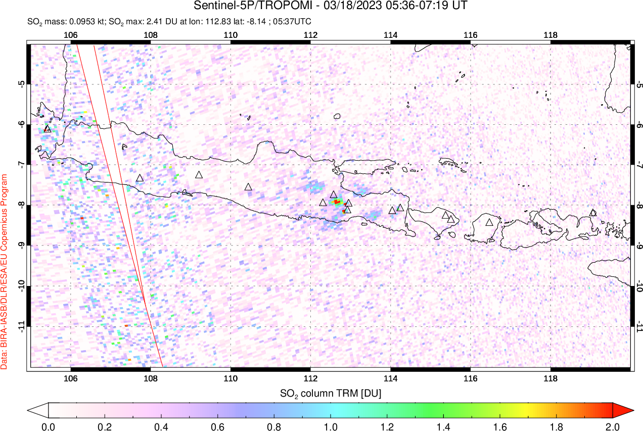 A sulfur dioxide image over Java, Indonesia on Mar 18, 2023.