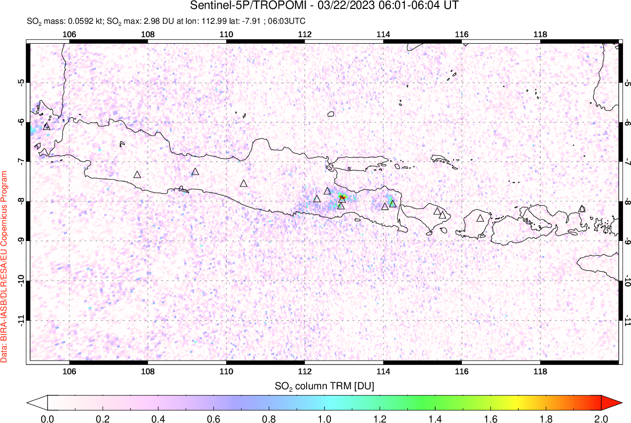 A sulfur dioxide image over Java, Indonesia on Mar 22, 2023.