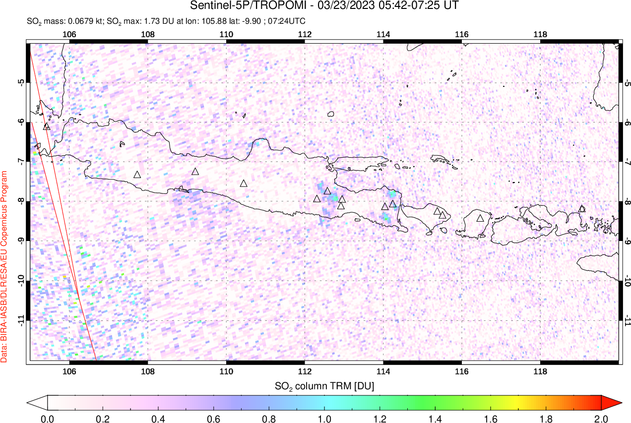 A sulfur dioxide image over Java, Indonesia on Mar 23, 2023.