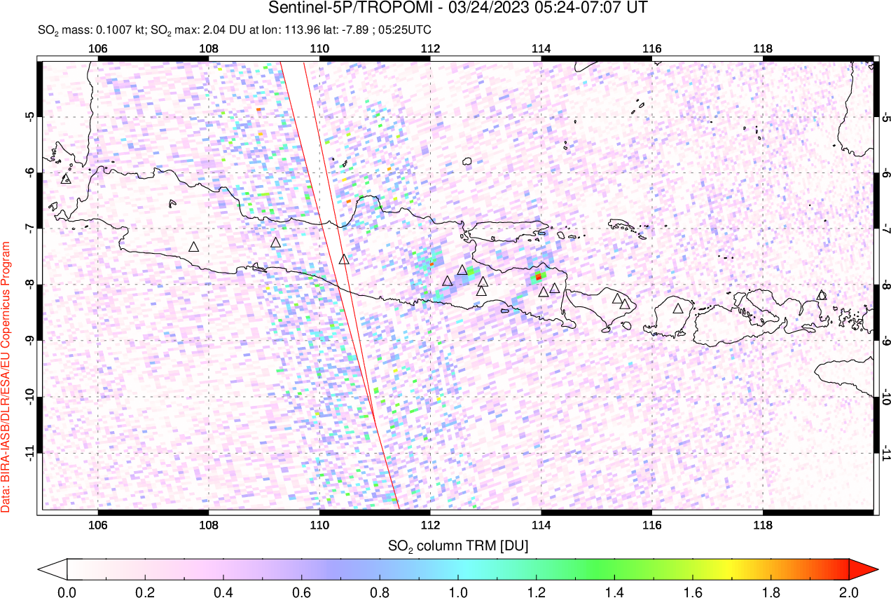 A sulfur dioxide image over Java, Indonesia on Mar 24, 2023.