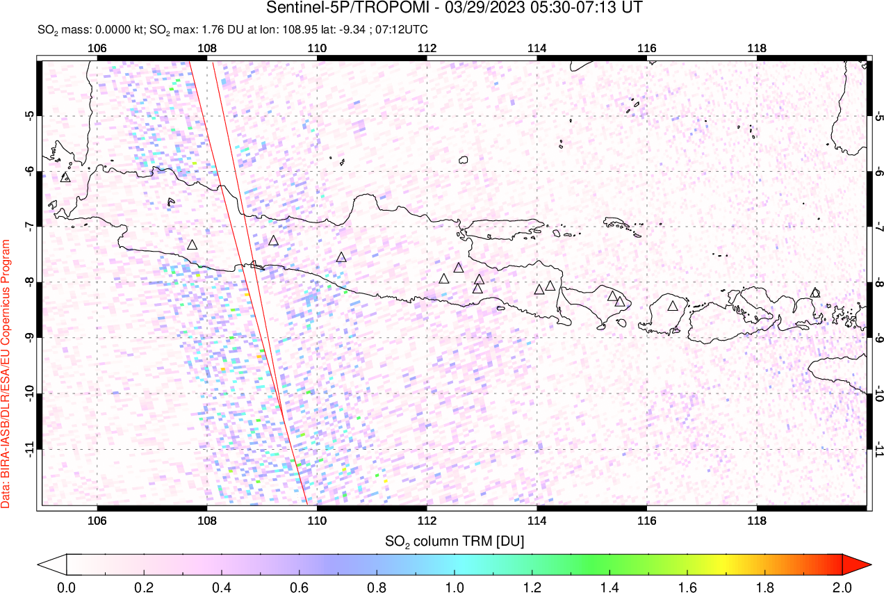 A sulfur dioxide image over Java, Indonesia on Mar 29, 2023.