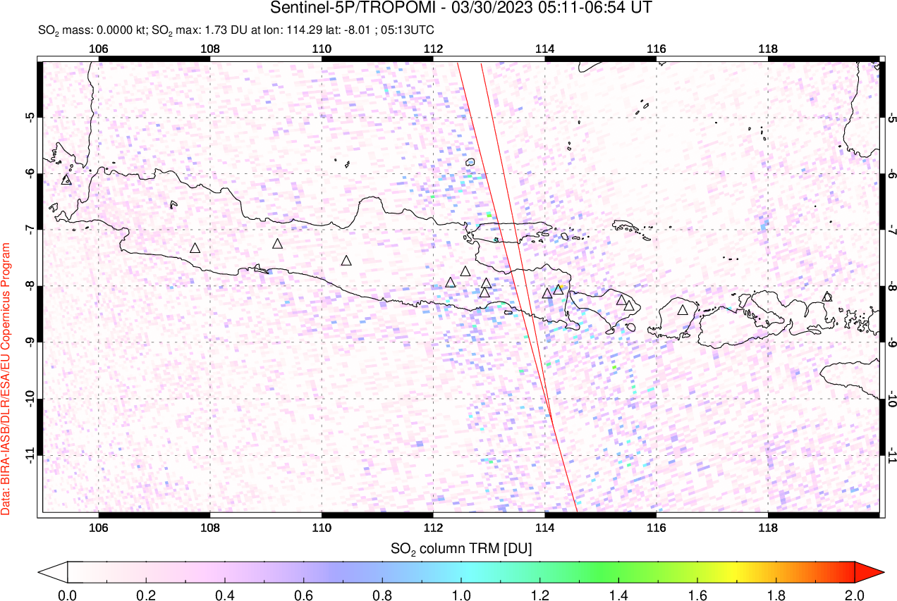 A sulfur dioxide image over Java, Indonesia on Mar 30, 2023.