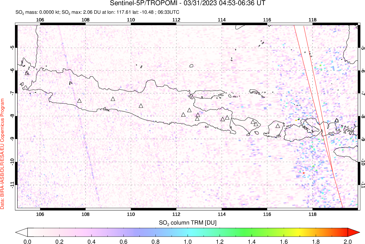 A sulfur dioxide image over Java, Indonesia on Mar 31, 2023.