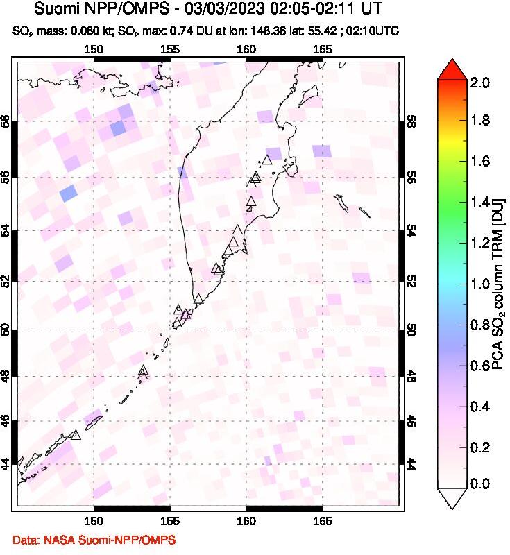 A sulfur dioxide image over Kamchatka, Russian Federation on Mar 03, 2023.