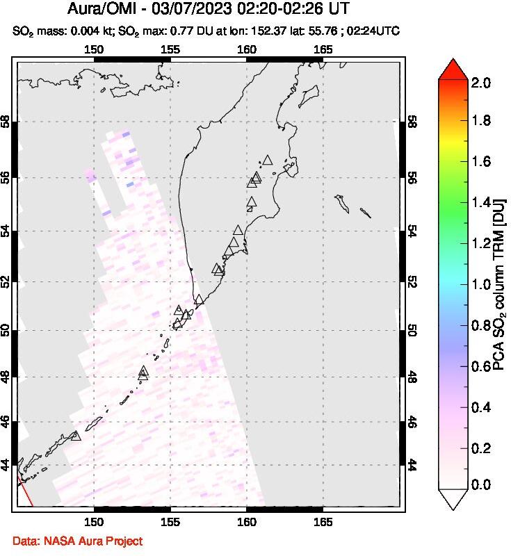 A sulfur dioxide image over Kamchatka, Russian Federation on Mar 07, 2023.