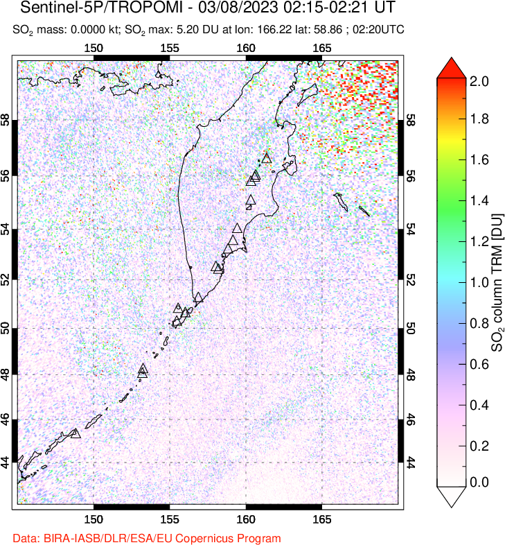 A sulfur dioxide image over Kamchatka, Russian Federation on Mar 08, 2023.