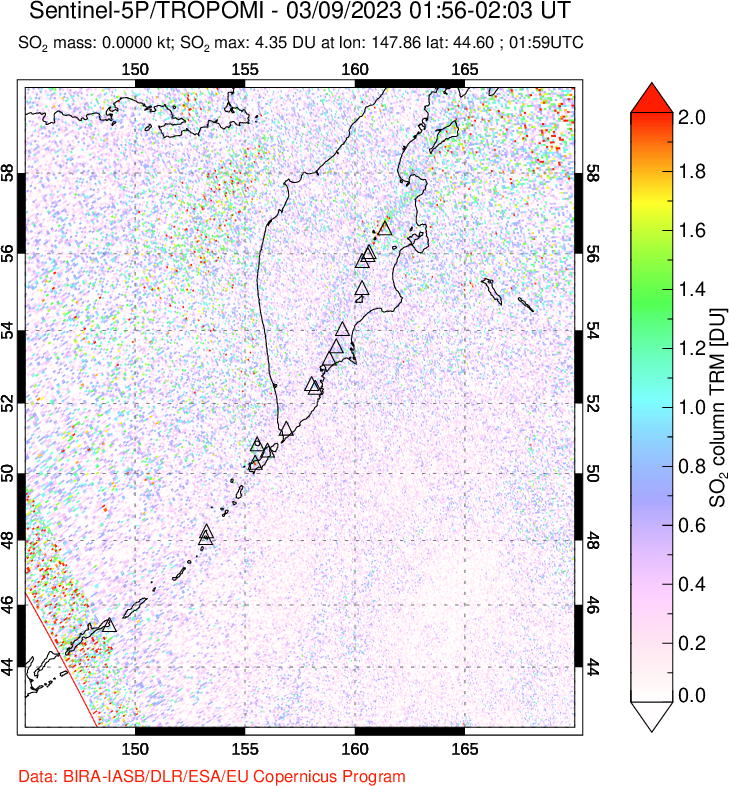 A sulfur dioxide image over Kamchatka, Russian Federation on Mar 09, 2023.