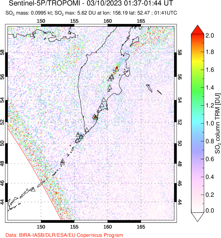 A sulfur dioxide image over Kamchatka, Russian Federation on Mar 10, 2023.