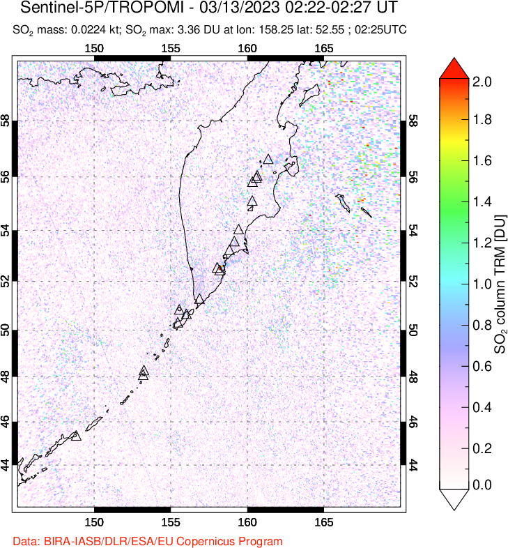 A sulfur dioxide image over Kamchatka, Russian Federation on Mar 13, 2023.