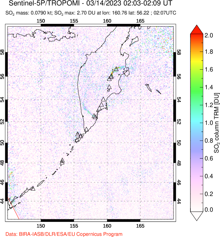 A sulfur dioxide image over Kamchatka, Russian Federation on Mar 14, 2023.