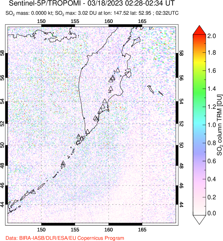A sulfur dioxide image over Kamchatka, Russian Federation on Mar 18, 2023.