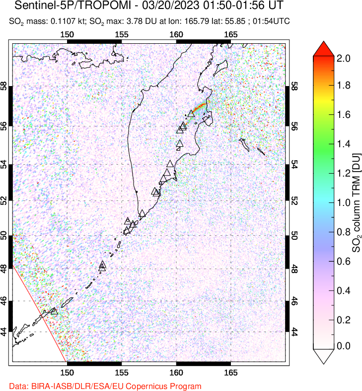 A sulfur dioxide image over Kamchatka, Russian Federation on Mar 20, 2023.