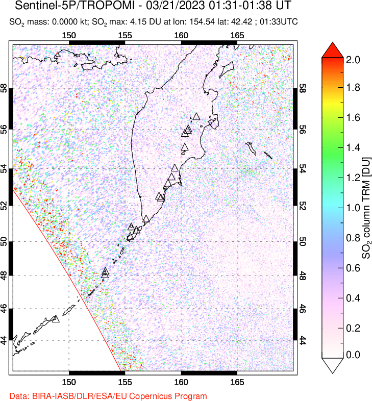 A sulfur dioxide image over Kamchatka, Russian Federation on Mar 21, 2023.