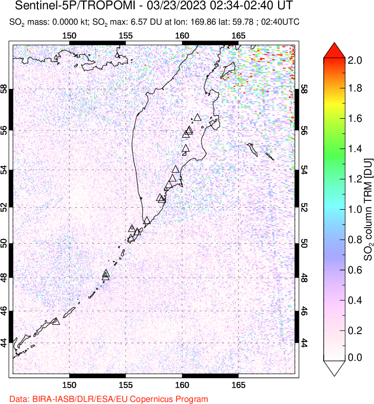A sulfur dioxide image over Kamchatka, Russian Federation on Mar 23, 2023.