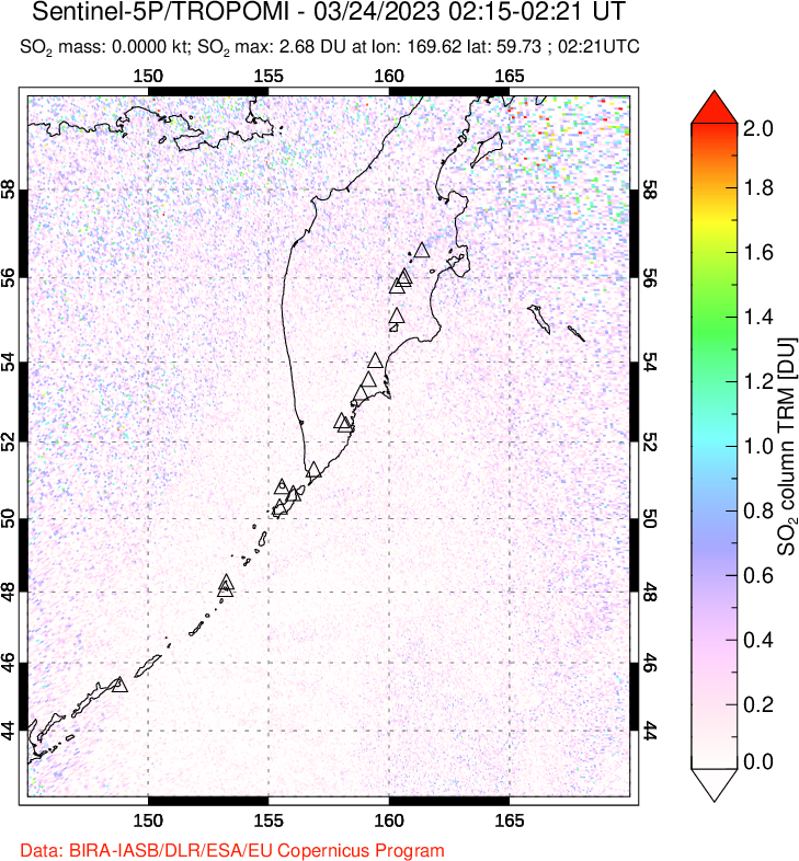 A sulfur dioxide image over Kamchatka, Russian Federation on Mar 24, 2023.