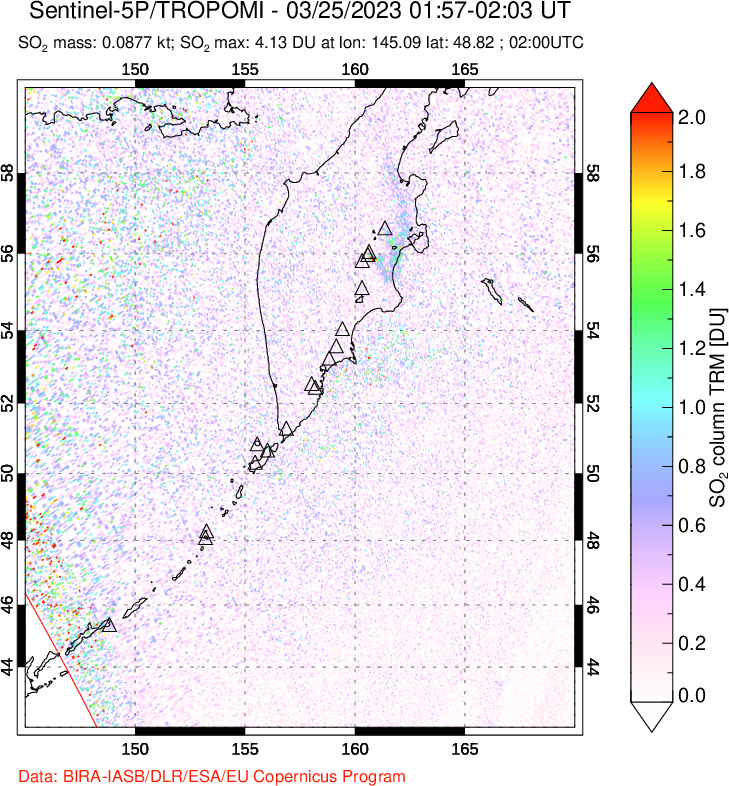 A sulfur dioxide image over Kamchatka, Russian Federation on Mar 25, 2023.