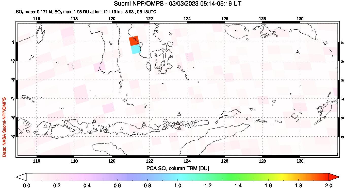 A sulfur dioxide image over Lesser Sunda Islands, Indonesia on Mar 03, 2023.