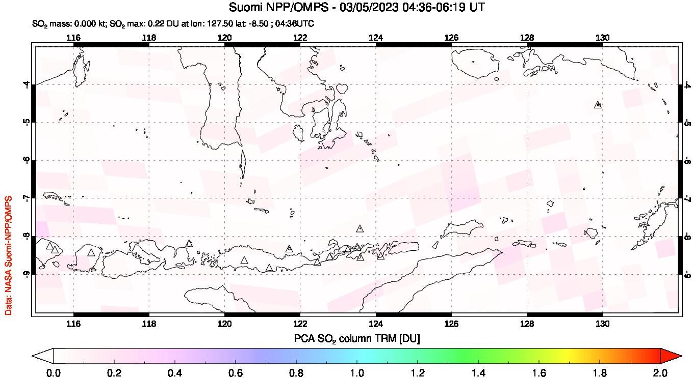 A sulfur dioxide image over Lesser Sunda Islands, Indonesia on Mar 05, 2023.