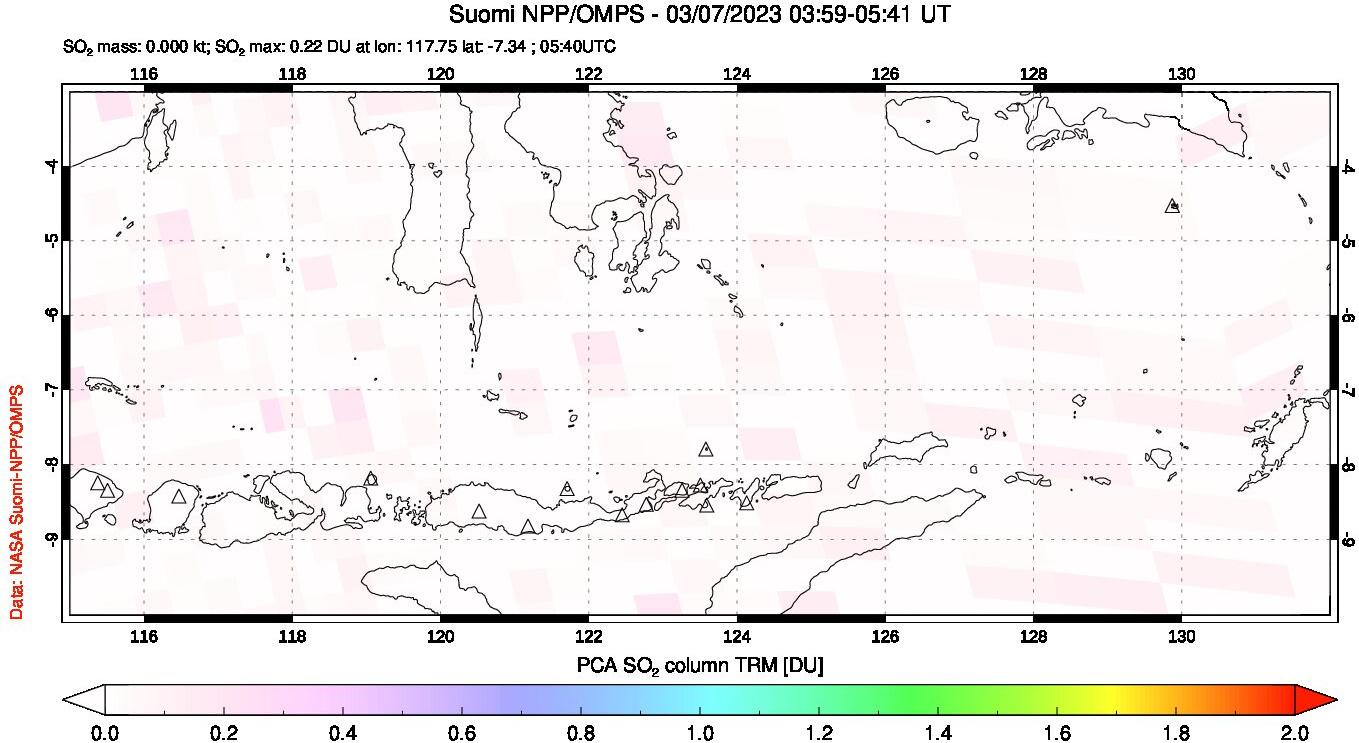 A sulfur dioxide image over Lesser Sunda Islands, Indonesia on Mar 07, 2023.