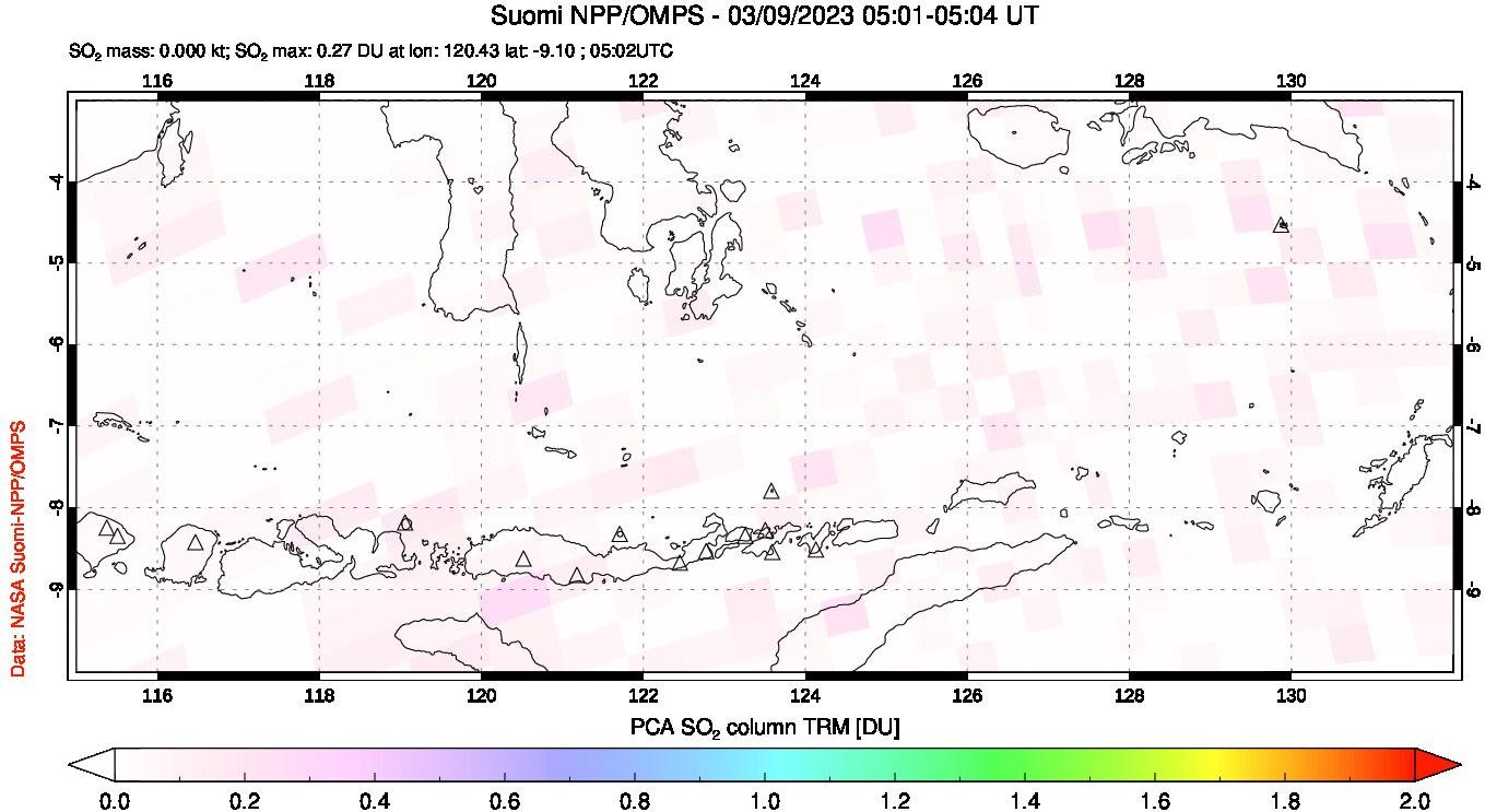 A sulfur dioxide image over Lesser Sunda Islands, Indonesia on Mar 09, 2023.