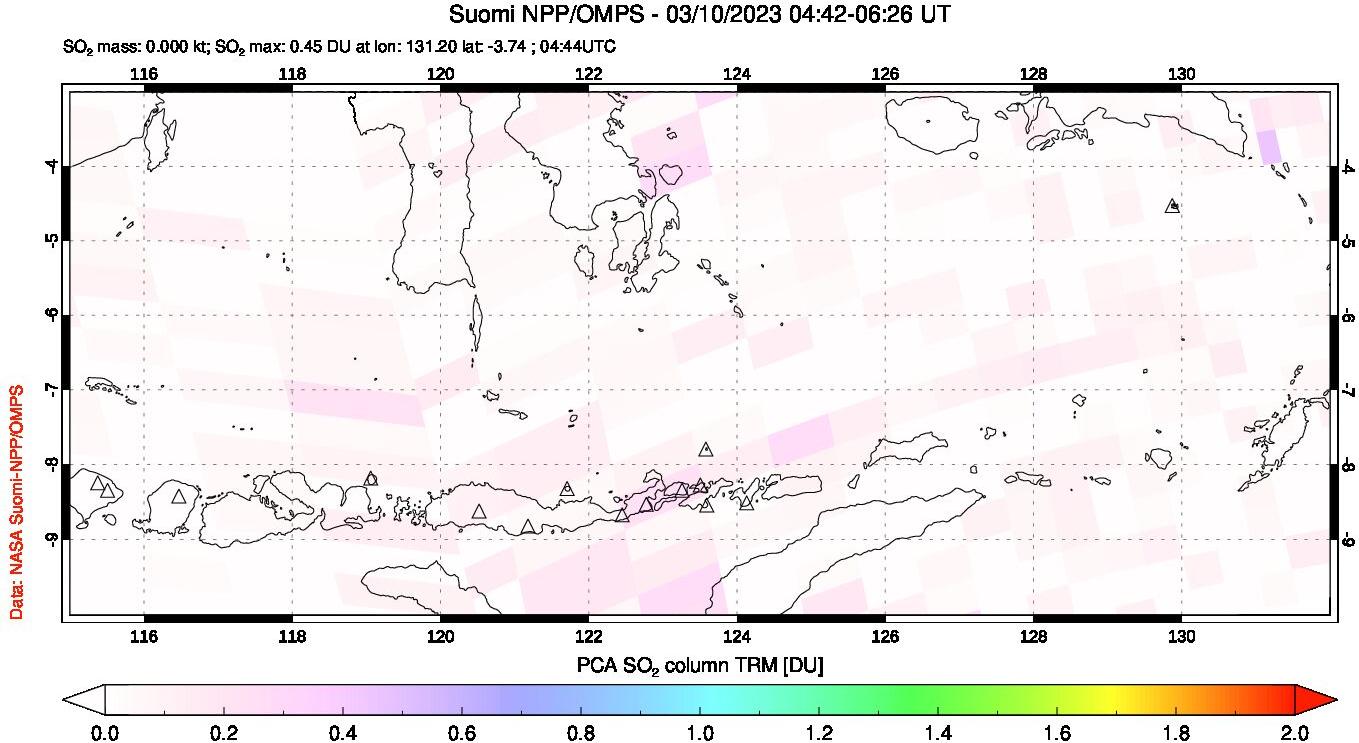 A sulfur dioxide image over Lesser Sunda Islands, Indonesia on Mar 10, 2023.